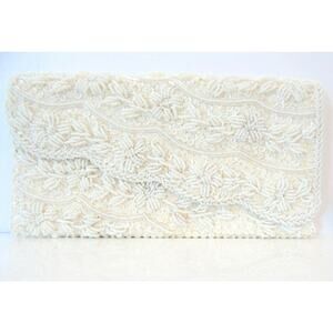 HONG KONG Beaded EVENING BAG CLUTCH Purses White Cream Sequin Floral Microbeads